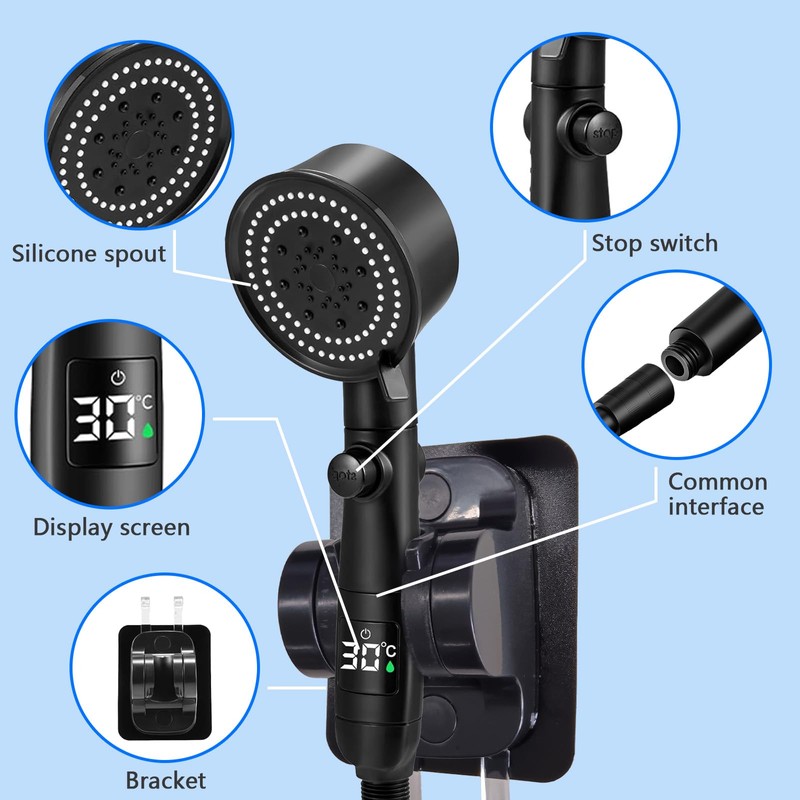 Shower Head, Water-Saving with Temperature Display, with Shower Holder and