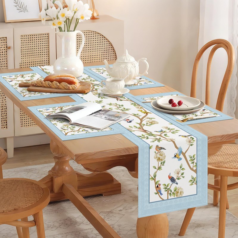 Bonhause Spring Summer Blue Birds Floral Table Runner 13x72 Inch
