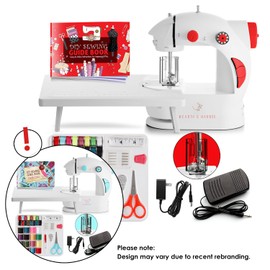 Hearth & Harbor Mini Sewing Machine for Beginners, Dual Speed Small Portable Sewing Machine for Kids and Adults with Extension Table, 48 Piece Gift Set Includes, Pedal, Projects Book and More, Red