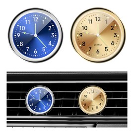 Dickno 2 PCS Stick on Dashboard Car Clock, Mini Tiny Analog Quartz Luminous Air Vent Clocks, Self Adhesive Automotive Vent Clocks Watch, Vehicle Clock for Dashboard Decoration (Blue+Golden)