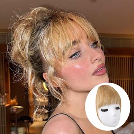 100% Real Human Hair-Clip In Hair Extensions,Fake Bangs Blend Naturally,Fringe with Temples Hairpieces for straight Hair,Curved Bangs for Daily Wear -Honey Blonde