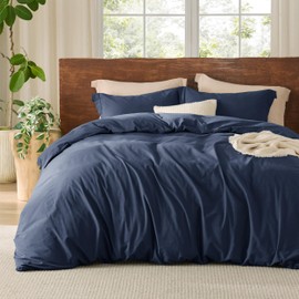 Bedsure 100% Washed Cotton Duvet Cover Queen Size - Navy Minimalist Cotton Duvet Cover Linen Like for All Seasons - GentleSoft™ Plain Simple Bedding, 3 Pieces (Navy, Queen, 90"x90")