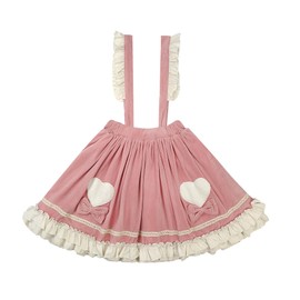 Cuteighteen Kawaii Lolita Skirt with Suspenders Teens Plush Fuzzy Velvet High Waist Heart Pearl Bow Ruffle Short Skirts (US, Alpha, One Size, Regular, Regular, Pink)