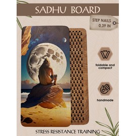 Sadhu board, Wooden Yoga Board for Acupressure and Meditation with Nails for Deep Tissue Massage, Acupuncture Massage, Nails Distance 0.39 In (10 mm) (moon and man, 0.39)