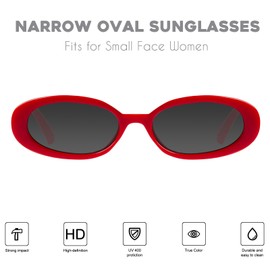 mosanana Retro Oval Sunglasses for Women 90s Small Trendy Fashion Vintage Narrow Thin Cute Skinny Sun Glasses for Small Face Black and Red MS52360