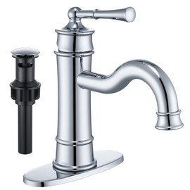 NAUKWAN Roman Bathroom Sink Faucet, Single Handle 1 or 3 Hole Vanity Basin Faucets with Deck Plate, Vintage Long Arc Spout Solid Brass Faucet with Pop-up Drain Assembly Polished Chrome NL-2201CP