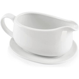 Large 17 Oz Gravy Boat with Ergonomic Handle - White Fine Porcelain Saucier with Big Dripless Lip Spout, Bowl