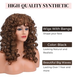 JWLFLOWXISS Curly Wig with Bangs, 21" Long Kinky Curly Wig for Black Women Synthetic Hair for Women Shaggy Haircuts Glueless Bangs Wigs for Cosplay Party Daily Use