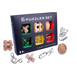 OBEST 6 Piece Wooden Puzzle and Metal Puzzle Puzzle Puzzle Game Set, 3D IQ Test Mind Game Toy, Logic Games Metal Wire Wooden Toy Thinking Game Gifts for Children, Teenagers & Adults