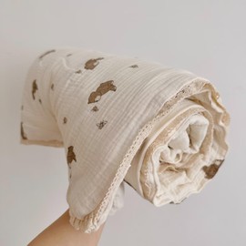 BuLuTu 100% Muslin Toddler Quilt Thin Crib Comforter Girls Boys Quilted Blankets, 59"x47", 1.5 Pounds, Soft Breathable Muslin Cotton Quilts, Bee Bear Pattern, Machine Washable