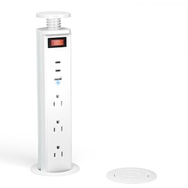 Pop Up Outlet for Countertop, 2.5'' Manual Lift Recessed Power Strip with 3 AC Outlets, 20W PD Fast Charging and USB-A Ports, Hidden Desk Power Grommet for Camper, Trailer, Home Office, DIY Table