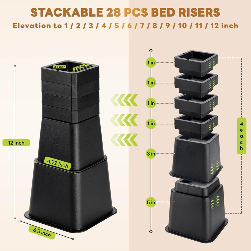 BTSD-home Bed Risers 6 Inch Heavy Duty Adjustable Bed Raisers