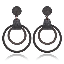 Bohemian Unique Handmade Wooden Round Earrings Vintage Leather Wooden Cut-Out Dangle Drop Earrings for Women (Black Wood Earring)