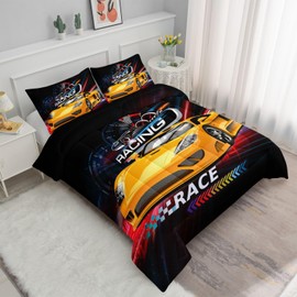 Datura home Racing Sport Kids Comforter Bedding Set for Boys Girls,3D Print Yellow Racing Car Dash Board and Chessboard Flag Comforter with 2 Pillowcases(Racing Sport Twin)