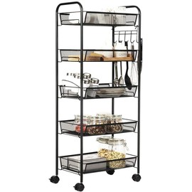 JANE EYRE 5-Tier Rolling Utility Storage Rack Cart on Wheels, Trolley Craft cart, Multi-Purpose Organizer Shelf, Black