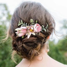 Fangsen Silver Boho Wedding Hair Accessories Rose Hair Comb Floral Festival Barrette Prom Girl Headpiece (Pink)