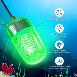 Luckerain Underwater Fishing Light 70W 12V Green Light for Fishing IP68 Waterproof 9000 Lumens High Brightness Fish Attracting Light for Docks, Boats or Kayaks,26ft Power Cord