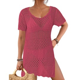 Bsubseach Bathing Suit Cover Up for Women Hollow Out Crochet Coverups Beach Dress 2025 Vacation Outfits Hot Pink XXL