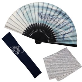 Osaka Choseido Folding Fan, Men's, Stylish, Business, Folding Bag, Handkerchief Included, Ryuun, Blue Dragon
