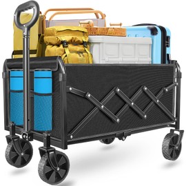 ARTIST'S DREAM Wagons Carts Foldable, Collapsible Wagon with Wheels & Flexible Handle, Utility Wagon Cart for Beach Camping Groceries Sports Garden, Light Black