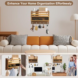 KERESUEDO Mail and Key Organizer for Wall – Key Holder Wall Mount with Storage Box and 5 Key Hooks, Mail Holder Wall Mounted for Entryway, Apartment, Office, Home Decor Organization (Brown)