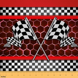 Boys Racing Car Fabric Black and White Race Flag DIY Sewing Craft Hobby Fabric by The Yard Red Neon Lights Hexagon Honeycomb Decorative for Upholstery and Home Accents,1 Yard,36" L x 59" W