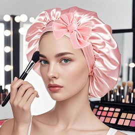 Flomiara Silk Bonnet for Sleeping Curly Hair, Adjustable Sleep Caps Skin Care, Cleaning, Makeup for Women Girl, Soft Easy to Use Satin Bonnets, Hair Bonnet with Tie Band for Most Hair Types Pink