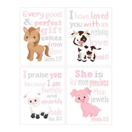 Cow Pig Sheep and Horse Farm Animals Christian Nursery Decor Set of 4 Unframed Prints with Bible Verses