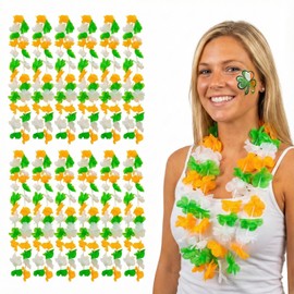 12PCS Mardi Gras Flower Leis Hawaiian Flower Lei for Mardi Gras Party Decorations,Orange Green and White Hawaiian Necklace Party Favors,Masquerade Costume Accessories for Parade