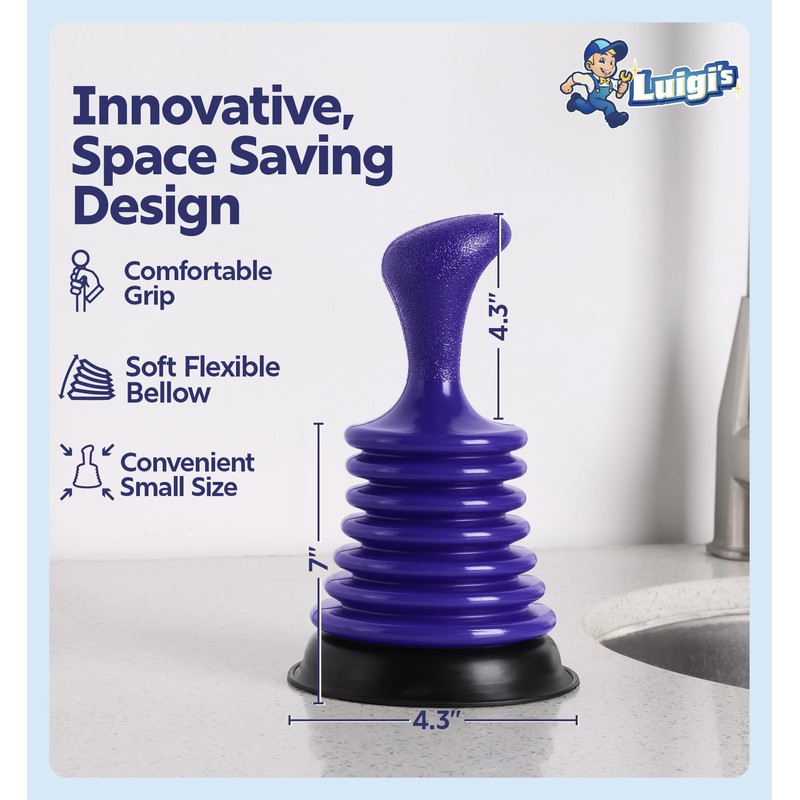 Luigi's Mini Plunger for Bathroom Kitchen Sink Bath & Shower
