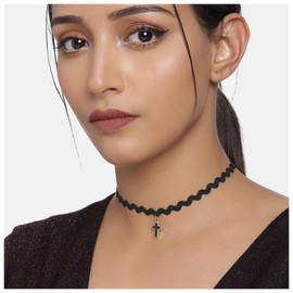 Allereya Punk Black String Choker Necklace Black Cross Pendant Necklace Wavy Lace Choker Necklace Stretch Lace Tattoo Necklace Jewelry for Women and Girls Gifts (A)