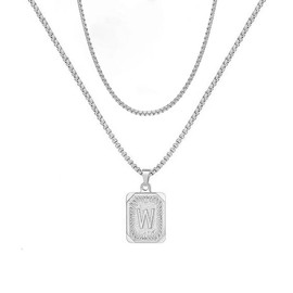 fantasticmiya LN001:Initial A Z Letter Pendant Necklace Mens Womens - Capital Letter, Yellow Gold Plated, Stainless Steel, Box Chain, Initial Alphabet - Specification: W layerd set silver