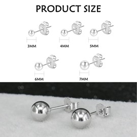 Silver Stud Earrings for Women, 5 Pairs Ball Stud Earrings Set 3/4/5/6/7MM, Simple Polished Classic Silver Studs Earrings Set for Daily or Multiple Piercing Wear