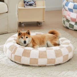 Ohocut Checkered Dog Bed, Cute Beige Khaki Retro Style Aesthetic Round Warming Pet Calming Beds for Small Dog and Cats, Plush Cozy Donut Dog Beds Washable, 30" L x 30" W x 8" Th