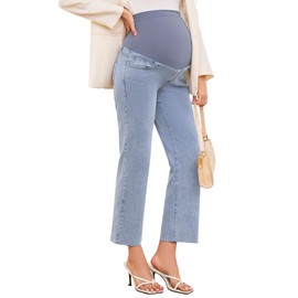 POSHGLAM Women's Maternity Jeans Frayed Hem Straight Leg 26'' Cropped Stretch Denim Capris Pants(Light Blue, XX-Large)