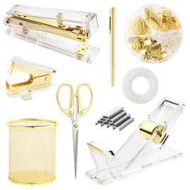 Gold Desk Accessories, Office Supplies Set with Acrylic Stapler, Tape Dispenser, Staple Remover, Pen Holder, Scissor, Binder Paper Clips, 1 Ballpoint Pen, 1 Clear Tape and 1000pcs Staples