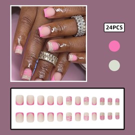 24 Pcs Frosted Pink Press on Nails Short Square - SHANRUN Hot Pink French Fake Nails Press ons Nail Art Tips Glue on Nails Full Cover Artificial Acrylic False Nails with Tiger Stripes Design for Women