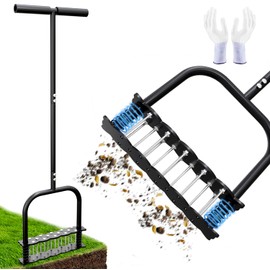 Upgraded Lawn Aerator Tool with 14 Steel Spikes, Hand Grass Aerator Spike Tool Manual Lawn Aerators with Spring-Loaded Design&Automatic Leaf and Dirt Cleaning for Yard, Garden Black