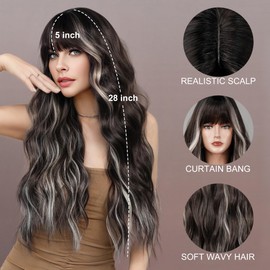 TRUMOST Black Wig White Highlights With Bang Long Wavy Ombre Black White Wig 28 Inches Heat Resistant Synthetic Curly Wig For Party Festival Gifts Daily Wearing