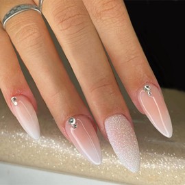 IMRAIN Press on Nails Medium Almond Fake Nails Nude White Gradient False Nails with Glitter Designs Gel Stiletto Natural Stick Glue on Nails for Women Glossy Reusable Acrylic Nail Manicure Kit
