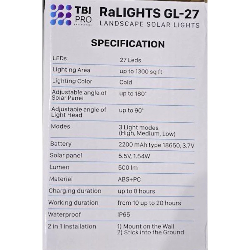 TBI Pro 2 Pack RaLights GL-27 Landscape Solar Lights 27