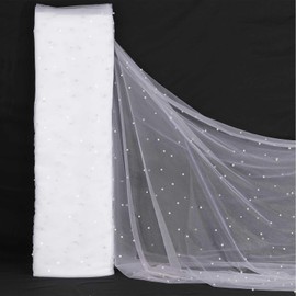 5 Yard White Tulle Fabric: Faux Pearls Tulle Tablecloth for Table Decoration Prom Dress Fabric Bridal Wedding Decor Tutu Skirt DIY
