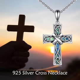 SHEAISRS Celtic Cross Necklace for Women Men 925 Sterling Silver Abalone Shell Cross Pendant Necklace Jewelry for Mens Women