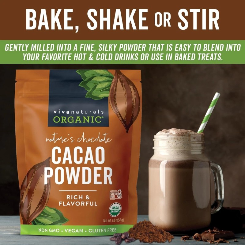 Viva Naturals Organic Cacao Powder, 1lb, Perfect for Baking &