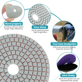 4 Inch Diamond Polishing Pads Kit, 15Pcs Wet/Dry Polishing Pads Mixed Grits 50-8000 Grit Hook and Loop Backing Grinding Discs Grinder Tools for Granite Marble Concrete Stone Buffing Polishing