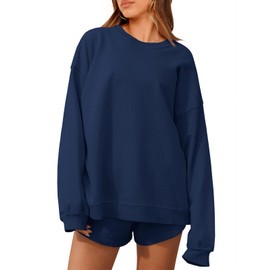 Tankaneo Womens Oversized 2 Piece Outfits Sweatsuit Casual Long Sleeve Crewneck Sweatshirts Sweat Shorts Fall Lounge Sets Navy Blue