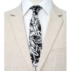 BELLUNO Floral Skinny Tie for Men, Print Flower Necktie for Wedding, Party, Activities, Cotton Slim Tie + Gift Box, Black White, Skinny