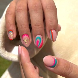 Press on Nails Short Oval Fake Nails with Color Designs Pink Nails Press ons Glossy Glue on Nails Cute Acrylic Nails Spring Summer False Nails Full Cover Artificial Stick on Nails for Women 24Pcs