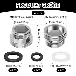 FLEXNOVA Tap Adapter M18 to M22 4 Pieces Water Connection Adapter Male Thread with 12 Rubber Seal Thread Adapter M18 and M22 for Water Filter Tap Connector Aerator Sink