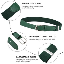 AWAYTR Adult and Youth Baseball Belt - Elastic Adjustable Softball Uniform Belts for Kids Boys and Girls (Silver-Dark Green, Adult: fit waist 27" - 46" (Rec 15yrs-Adults))